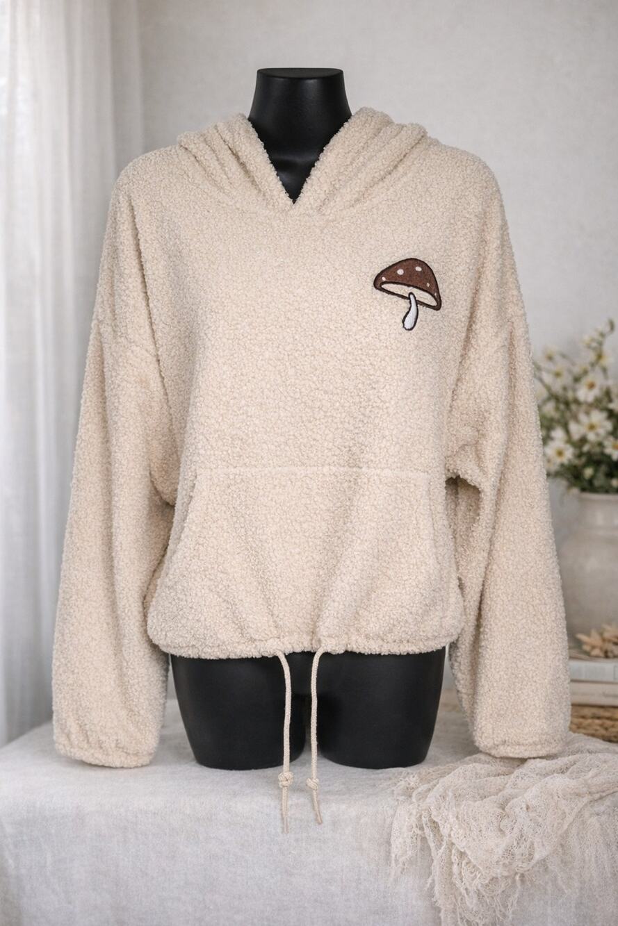 Mushroom Hoodie Womens XL Beige Sherpa Cozy Boho Earth Tone Cottagecore Pullover